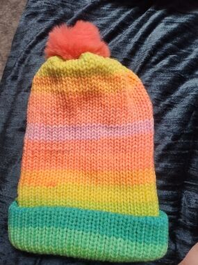 Kids Colorful Beanie With Orange Pom
